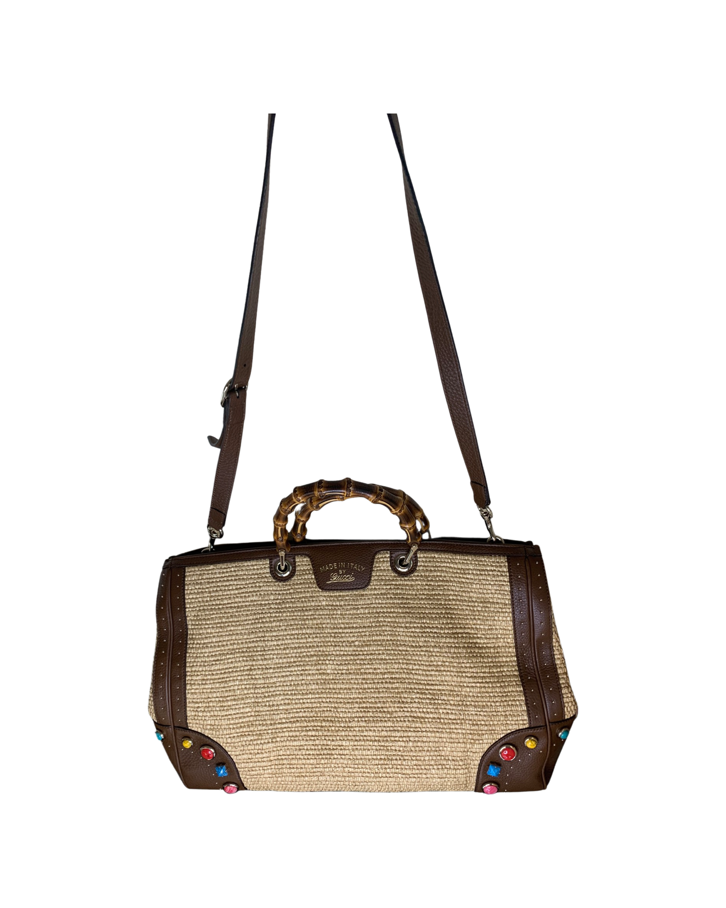 Gucci Large Raffia Bamboo Bag With Jewels