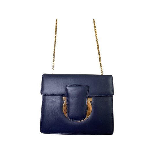 Salvatore Ferragamo Navy Bag With Gold Chain